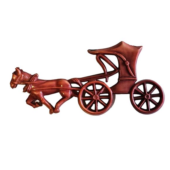 Vintage Red Plastic Celluloid Horse Drawn Carriage Brooch - Picture 1 of 5